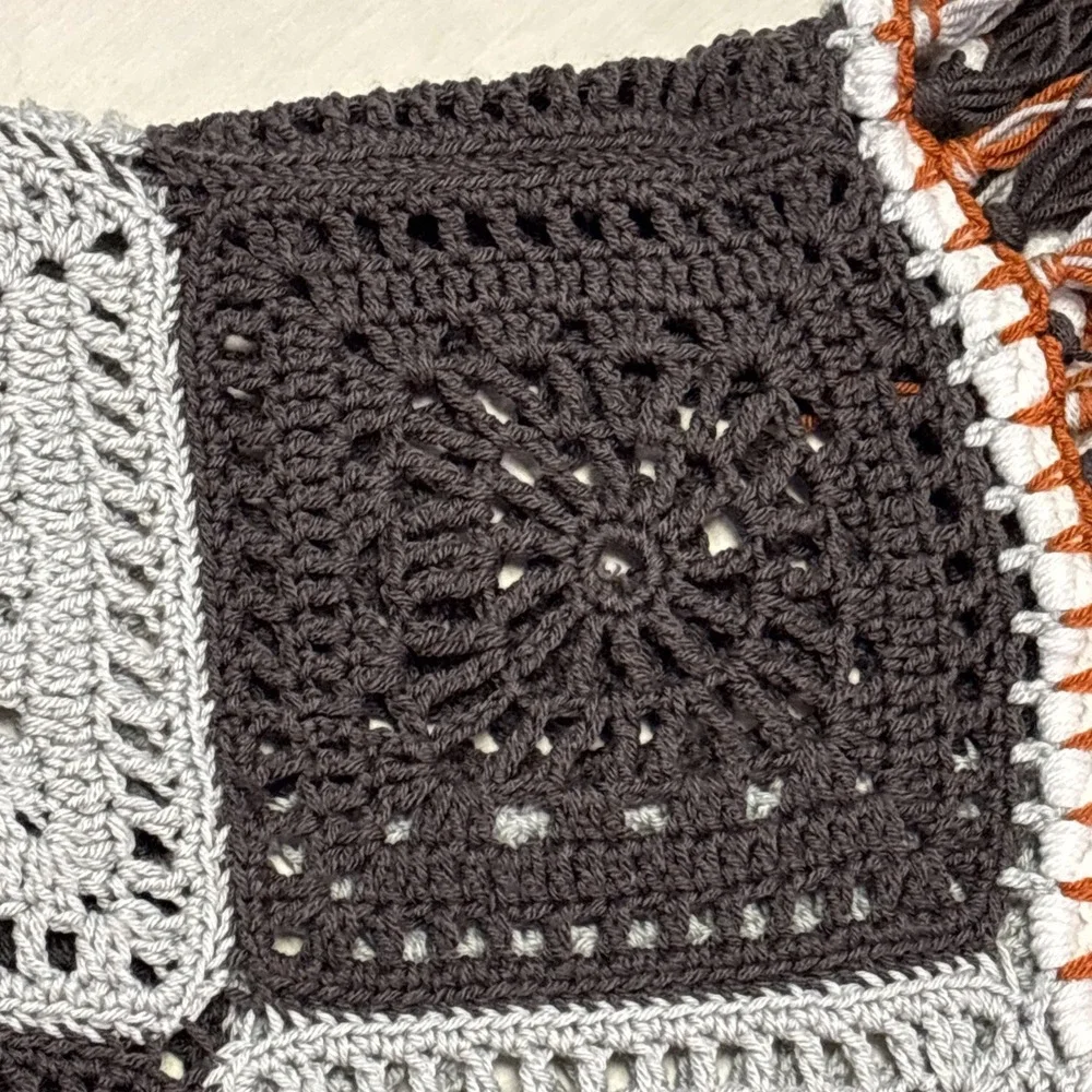 Handmade Boho Poncho Shawl  & Hat Fringe Gray Orange One Size Fits Most‎ Fall